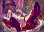  2girls absurdres bare_shoulders bathtub blood blood_in_mouth blood_on_face blood_splatter blue_eyes blush commentary_request crossed_legs curled_horns death dragon_girl elizabeth_bathory_(fate) elizabeth_bathory_(fate)_(all) fate/extella fate/extra fate/extra_ccc fate/grand_order fate_(series) g-buri high_heels highres idol long_hair multiple_girls pink_hair pointy_ears pool_of_blood solo 