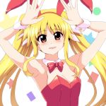  1girl animal_ears armpits azumaya_hironaru bare_shoulders blonde_hair blush bow bowtie breasts bunny_ears bunnysuit cleavage eyebrows_visible_through_hair fake_animal_ears fate_testarossa leotard long_hair looking_at_viewer lyrical_nanoha mahou_shoujo_lyrical_nanoha mahou_shoujo_lyrical_nanoha_a&#039;s open_mouth red_eyes red_leotard red_neckwear shiny shiny_clothes shiny_hair simple_background small_breasts smile solo twintails upper_body 