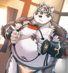  5_fingers accessory anthro blush bodily_fluids canid canine canis clothed clothing fingers fur fur_tuft headband hi_res horkeukamui loincloth male mammal multicolored_body multicolored_fur nintendo oaks16 overweight ring_fit_adventure solo surprise sweat tokyo_afterschool_summoners tuft two_tone_body two_tone_fur video_games white_body white_fur wolf yellow_eyes 