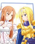  alice_schuberg asuna_(sao) blue_cape body_armor braided_ponytail brown_eyes brown_hair cape felutiahime floating_hair gold_armor hairband highres knight long_hair shoulder_armor spaulders sword_art_online sword_art_online_alicization white_hairband 