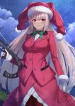  1girl cowboy_shot fate/grand_order fate_(series) florence_nightingale_santa_(fate/grand_order) front_slit fur-trimmed_hat fur-trimmed_sleeves fur_trim gloves hat highres jacket long_skirt long_sleeves night night_sky outdoors pantyhose red_headwear red_jacket red_skirt reuri_(tjux4555) santa_costume santa_hat skirt sky solo umbrella_gun white_gloves 