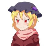  1girl :t aki_minoriko alternate_costume annoyed arms_at_sides black_headwear blonde_hair blush breasts cato_(monocatienus) commentary_request food_themed_hair_ornament furrowed_eyebrows grape_hair_ornament hair_ornament hat looking_to_the_side medium_breasts mob_cap pink_scarf pout red_sweater ribbed_sweater scarf short_hair simple_background solo sweater tearing_up touhou upper_body white_background 