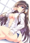  1girl ass azur_lane black_hair blue_eyes breasts cleavage commentary_request headphones highres kamishiro_(rsg10679) large_breasts long_hair long_island_(azur_lane) navel one_eye_closed open_clothes open_shirt panties solo underwear waking_up 