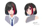  1girl bang_dream! bare_shoulders black_hair bob_cut dated earrings eyebrows_visible_through_hair eyes_visible_through_hair haneoka_school_uniform highres jewelry mitake_ran multicolored_hair necktie poligon_(046) red_eyes red_hair ribbed_sweater school_uniform simple_background streaked_hair sweater sweater_vest turtleneck turtleneck_sweater twitter_username two-tone_hair white_background 