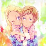  1boy 1girl ;) amamiya_erena amamiya_touma blonde_hair blurry blurry_background blush brother_and_sister brown_hair cardigan commentary_request dark_skin face forehead frown highres hug hug_from_behind kyoutsuugengo long_hair long_sleeves looking_at_another older one_eye_closed open_cardigan open_clothes portrait precure purple_eyes shirt siblings smile star_twinkle_precure sweatdrop upper_body 