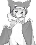 anthro barely_visible_genitalia barely_visible_pussy breasts canid canine canis cape cape_only clothing cub domestic_dog embarrassed female greyscale hood kida_kuro_mu mammal monochrome mostly_nude navel pussy small_breasts solo young 