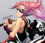  1girl arm_guards baiken big_hair breasts eyepatch facial_tattoo forehead guilty_gear guilty_gear_xrd highres holding holding_sword holding_weapon japanese_clothes katana kimono koda1ra looking_at_viewer looking_back medium_breasts no_bra off-shoulder_kimono one-eyed open_clothes open_kimono over_shoulder pink_eyes pink_hair ponytail scar scar_across_eye sideboob solo sword tattoo topless twitter_username weapon weapon_over_shoulder 