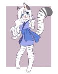  anthro asian_clothing blue_eyes chibi clothed clothing east_asian_clothing felid feline female fingers fur hair japanese_clothing katibara long_hair looking_at_viewer mammal open_mouth pantherine simple_background smile solo striped_body striped_fur stripes teeth tiger tongue white_body white_fur 