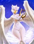  anthro avian beak big_breasts bird breasts feathers female gryphon half-closed_eyes hi_res holding_object looking_at_viewer lyre musical_instrument narrowed_eyes nipples non-mammal_breasts nude plucked_string_instrument pussy shiny simple_background solo string_instrument text thousandfoldfeathers url white_body white_feathers wings yellow_beak yellow_eyes 