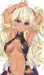  1girl armpits arms_up bangs blonde_hair blue_eyes blush braid breasts dark_skin edelgard eyebrows_visible_through_hair hair_between_eyes highres isekai_maou_to_shoukan_shoujo_no_dorei_majutsu long_hair looking_at_viewer medium_breasts navel o-ring pointy_ears revealing_clothes shiny shiny_skin solo stomach torn_clothes tsurusaki_takahiro twintails two_side_up 