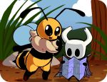  antennae_(anatomy) arthropod bee black_eyes bug_fables cloak clothing dirt fluffy grass hollow_knight horn hymenopteran insect map mask plokster protagonist_(hollow_knight) rock smile stinger thorax tree vessel_(species) vi_(bug_fables) wings 