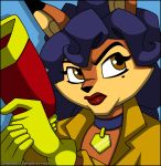  anthro beauty_mark blue_background blue_hair brown_eyes canid canine carmelita_fox clothed clothing collar eyelashes felid feline female fox fur gun hair holding_object lipstick makeup mammal orange_body orange_fur ranged_weapon simple_background sly_cooper_(series) solo sony_corporation sony_interactive_entertainment sucker_punch_productions verona7881 video_games weapon 