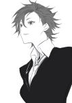  1girl androgynous formal highres kisaragi_mao miwa_shirou monochrome necktie psycho-pass short_hair sketch solo spiked_hair suit upper_body 
