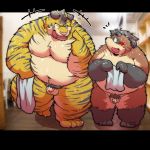  2019 anthro balls belly blush canid canine duo eyes_closed felid flaccid humanoid_penis male mammal moobs navel nipples overweight overweight_male pantherine penis pubes raccoon_dog small_penis suishou0602 tanuki tiger towel wet 