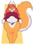  2019 anthro belly big_breasts breasts canid canine clothed clothing dgenr digital_media_(artwork) female fingers fox fur hair mammal navel simple_background slightly_chubby smile solo thick_thighs white_body white_fur 