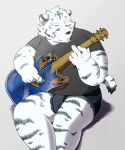  2015 anthro blush bulge clothing felid fur guitar humanoid_hands male mammal musical_instrument overweight overweight_male pantherine plucked_string_instrument shirt sitting solo string_instrument tiger topwear underwear wdh3905 white_body white_fur 