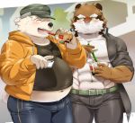  2019 anthro belly beverage blush bottomwear bubble_tea bulge canid canine clothing duo eyes_closed hat headgear headwear hoodie humanoid_hands male mammal muscular navel nikiciy overweight overweight_male pants phone polar_bear raccoon_dog ryokuichi_(nikiciy) shirou_(nikiciy) shirt tanuki topwear ursid ursine 