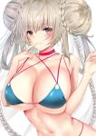  1girl alternate_costume azur_lane bangs bikini blue_bikini blush braid breasts choker cleavage double_bun eyebrows_visible_through_hair formidable_(azur_lane) formidable_(the_lady_of_the_beach)_(azur_lane) hand_up highres large_breasts long_hair looking_at_viewer navel parted_lips red_eyes sidelocks simple_background skindentation solo swimsuit user_vjpu3345 very_long_hair white_background 