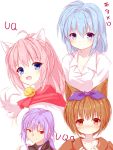  4girls :d animal_ears bangs bell blue_eyes blue_hair blush breasts brown_eyes brown_hair brown_shirt cat_ears character_request cleavage closed_mouth collarbone collared_shirt commentary_request dress_shirt eternal_melody eyebrows_visible_through_hair fang gloves hair_between_eyes hair_intakes hair_ribbon high_ponytail highres jingle_bell long_hair low_ponytail medium_breasts melody_sinclair multiple_girls nose_blush open_mouth paw_gloves paws pink_hair ponytail purple_hair purple_ribbon red_eyes ribbon sarasa_(yuukyuu_gensoukyoku) shirt short_hair sidelocks simple_background smile translation_request wendy_miseria white_background white_gloves white_shirt yuku_(kiollion) yuukyuu_gensoukyoku 
