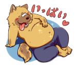  2014 anthro belly blush bottomwear canid canine canis clothing domestic_dog eyes_closed humanoid_hands japanese_text low_res male mammal nipples overweight overweight_male pants sitting solo text tongue tongue_out wdh3905 