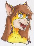  anthro badge blue_eyes brown_hair dia female fur hair mammal smile spots teeth thankfullorris 