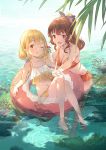  2girls :d ;) ass bangs barefoot bikini bikini_skirt blonde_hair bow breasts brown_eyes brown_hair cleavage cup day drinking_glass drinking_straw floating front-tie_bikini front-tie_top futaba_anzu gawain_(artist) hair_between_eyes hair_bow highres holding holding_cup idolmaster idolmaster_cinderella_girls innertube large_breasts leaning_forward long_hair looking_at_viewer low_twintails moroboshi_kirari multiple_girls navel one_eye_closed open_mouth orange_bikini outdoors parted_lips ponytail purple_eyes raised_eyebrow smile standing swimsuit twintails v very_long_hair water yellow_bikini 