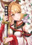  1girl absurdres animal_ears bangs bare_shoulders blonde_hair braid choker dog_ears erune eyebrows_visible_through_hair flower granblue_fantasy hair_ornament highres hyouta_(yoneya) japanese_clothes katana lily_(flower) looking_at_viewer short_hair shoulder_cutout solo sword upper_body vajra_(granblue_fantasy) weapon yellow_eyes 