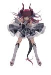  &gt;:) 1girl absurdres bangs bare_shoulders blue_eyes boots bow closed_mouth curled_horns detached_sleeves dragon_girl dragon_horns dragon_tail elizabeth_bathory_(fate) elizabeth_bathory_(fate)_(all) eyebrows_behind_hair fate/extra fate/extra_ccc fate_(series) full_body grey_skirt hair_ribbon hand_on_hip highres holding holding_microphone horns knee_boots leaning_forward legs_apart long_hair long_sleeves looking_at_viewer microphone pink_bow pink_hair plaid plaid_skirt pleated_skirt pointy_ears purple_ribbon ribbon shirt simple_background skirt sleeveless sleeveless_shirt smile solo spiked_boots spikes tail tail_bow underskirt v-shaped_eyebrows very_long_hair white_background white_footwear white_shirt white_sleeves zhibuji_loom 