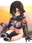  1girl bangs black-framed_eyewear black_gloves black_jacket black_scarf blush breasts brown_hair camouflage_jacket cleavage commentary cropped_jacket full_body glasses gloves hair_between_eyes hololive izumi_sai jacket large_breasts long_scarf looking_at_viewer mechanical_arms mechanical_legs navel on_ground open_mouth roboco-san roboco_ch. robot_joints scarf short_hair short_sleeves sitting smile solo thighs virtual_youtuber yellow_eyes yokozuwari zipper zipper_pull_tab 