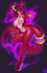  4_toes 5_fingers anthro areola breasts distracting_watermark dragon eyebrows eyelashes female fingers hair horn navel nipples non-mammal_breasts nude pollo-chan purple_hair red_body red_scales scales solo toes watermark wingless_dragon 