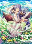  1girl blue_sky book company_name copyright_name day dress field fire_emblem fire_emblem:_genealogy_of_the_holy_war fire_emblem_cipher flower flower_field full_body julia_(fire_emblem) long_hair long_sleeves nagahama_megumi official_art open_book outdoors parted_lips purple_eyes purple_hair sky solo wide_sleeves 