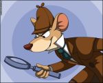  anthro basil_(disney) blue_background brown_body brown_nose clothed clothing deerstalker_hat disney fur hat headgear headwear holding_object jacket magnifying_glass male mammal mouse murid murine rodent simple_background smile solo tan_body tan_fur the_great_mouse_detective topwear verona7881 