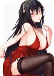  1girl :p ahoge azur_lane bangs bare_shoulders black_hair blush breasts choker cleavage cocktail_dress collarbone crossed_legs dress eyebrows_visible_through_hair garter_straps hair_between_eyes hair_ornament highres kazuha_(saku_kn) large_breasts long_hair looking_at_viewer one_side_up red_choker red_dress red_eyes sitting smile solo taihou_(azur_lane) taihou_(forbidden_feast)_(azur_lane) thighhighs thighs tongue tongue_out very_long_hair 