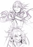  1boy 1girl armor bedivere cape evil_grin evil_smile fate/grand_order fate_(series) grin knights_of_the_round_table_(fate) miwa_shirou monochrome mordred_(fate)_(all) ponytail sketch smile 