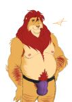  absurd_res anthro bulge felid hi_res leo_anderson lion looking_at_viewer male mammal mane musclegut muscular muscular_male overweight overweight_male pantherine pubes raymondfoxxx solo 