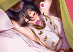  1girl animal_ears armpits black_hair blush breasts condom condom_in_mouth granblue_fantasy hair_between_eyes half-closed_eyes harunori_oogami hat heart highres ilsa_(granblue_fantasy) jacket large_breasts long_hair looking_at_viewer lying mouth_hold nose_blush on_side red_eyes sideboob solo spoken_heart sweat under_covers white_jacket 