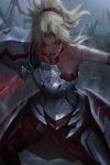  1girl armor bare_shoulders battle battlefield blonde_hair blood blood_on_face braid breastplate broken_armor clarent clenched_teeth cuts dress english_commentary fate/apocrypha fate/grand_order fate_(series) faulds french_braid hair_ornament hair_scrunchie highres injury mordred_(fate) mordred_(fate)_(all) pauldrons ponytail raikoart rain red_dress scrunchie sword teeth weapon yellow_eyes 
