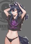  1girl absurdres alternate_hairstyle animal_ear_fluff animal_ears arknights arms_up bangs black_hair black_panties black_shirt commentary cowboy_shot crop_top grey_background groin hair_between_eyes hair_tie hair_tie_in_mouth highres jiushijiu long_hair looking_at_viewer midriff mouth_hold navel panties ponytail red_eyes shirt short_sleeves sidelocks simple_background solo standing stomach t-shirt tail texas_(arknights) tying_hair underwear wolf_ears wolf_tail 