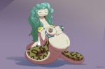  2018 anaconda animal_humanoid belly big_belly big_breasts boa_(snake) boa_sandersonia boinae breasts clothing female green_hair hair humanoid lamia long_hair navel nipples non-mammal_breasts one_piece pregnant reptile scalie schwoo serpentine simple_background snake solo tongue tongue_out yellow_eyes 