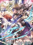 1girl black_hair book company_name copyright_name dragon fire_emblem fire_emblem_cipher holding holding_book holding_sword holding_weapon long_hair mask nagahama_megumi niamh_(fire_emblem) official_art open_book parted_lips pegasus red_eyes solo_focus sword weapon wyvern 