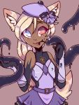  &lt;3 &lt;3_eyes 2017 animal_humanoid belt blonde_hair bottomwear breasts canid canid_humanoid canine canine_humanoid clothing cross dark_skin female freckles glittermiilk gloves hair handwear hat headgear headwear heterochromia humanoid mammal mammal_humanoid ribbons simple_background skirt smile solo tentacles 