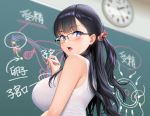  1girl bangs black_hair blue_eyes blush breasts chalk chalkboard clock fertilization glasses hair_ornament hair_scrunchie highres large_breasts long_hair looking_at_viewer looking_back open_mouth original scrunchie sex_ed shimashima08123 solo teacher 