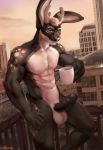  2019 abs anthro antlers balls black_body black_fur blue_eyes brown_body brown_fur cervid chunie circumcised city clothed clothing coffee_mug cup detailed_background digital_media_(artwork) erection eyebrow_piercing facial_piercing fur hi_res holding_object horn humanoid_penis hybrid jackalope lagomorph leporid lip_piercing lip_ring looking_at_viewer male mammal muscular muscular_male navel nude outside penis piercing rabbit solo white_body white_fur 