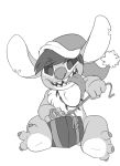  2019 3_toes 4_fingers alien christmas christmas_lights claws clothing disney experiment_(lilo_and_stitch) eye_through_hair eyebrow_through_hair eyebrows fan_character fingers fur gift greyscale hair hat hat_only headgear headwear hi_res holidays lilo_and_stitch long_tongue looking_down monochrome mostly_nude notched_ear open_mouth open_smile pawpads santa_hat short_hair simple_background smile solo sparky_the_chu stitchils toes tongue tongue_out translucent translucent_hair white_background 