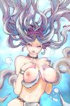  1girl artist_request bracelet breast_grab breast_squeeze breasts bubble choker commentary_request crown deep_skin floating_hair grabbing granblue_fantasy head_fins highres jewelry large_breasts lips loincloth long_hair nipples pink_eyes purple_hair solo tentacles topless tsurime underwater varuna_(granblue_fantasy) 