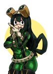  1girl asui_tsuyu belt black_eyes bodysuit boku_no_hero_academia boots bow_by_hair breasts brown_gloves chin_stroking facepaint frog_girl gloves goggles goggles_on_head green_bodysuit green_hair hair_rings highres large_breasts long_hair low-tied_long_hair solo thick_thighs thigh_boots thighhighs thighs very_long_hair zana 