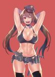  1girl armpits arms_up ass_visible_through_thighs belt belt_pouch bikini black_bikini black_choker breasts brown_hair cameltoe choker cleavage contrapposto female_service_cap gun handgun hat holster large_breasts lips long_hair looking_at_viewer loose_belt one_eye_closed open_mouth original pistol police police_badge police_hat pouch psychicjin red_background red_eyes solo standing swimsuit thighhighs truncheon twintails weapon 