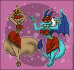  2019 5_fingers anthro belly_dancer big_tail black_nose blue_body braces clothed clothing collar domestic_cat dragon eyelashes eyes_closed felid feline felis female female/female fingers friendship_is_magic fur headdress headgear headwear horn jewelry mammal my_little_pony princess_ember_(mlp) red_eyes scales scalie sly_cooper_(series) smile sony_corporation sony_interactive_entertainment sucker_punch_productions verona7881 video_games wings 