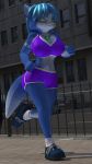  2019 3d_(artwork) absurd_res anthro big_breasts blue_body blue_fur blue_hair bottomwear breasts canid canine clothed clothing digital_media_(artwork) exercise female fox fur hair hi_res jogging krystal mammal nintendo outside shorts solo star_fox themeshow101 topwear video_games white_body white_fur 