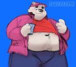  2019 4_fingers belly beverage black_eyes black_nose blush bottomwear clothed clothing english_text eyebrows fingers hat headgear headwear humanoid_hands kemono male mammal navel overweight overweight_male pants pobaro polar_bear simple_background smile text thick_eyebrows thick_thighs ursid ursine 
